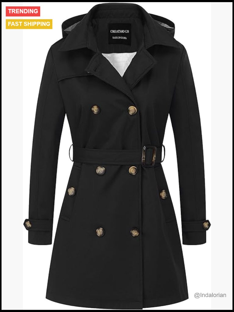 Women's Double-Breasted Trench Coat With Detachable Hood Waterproof Windproof